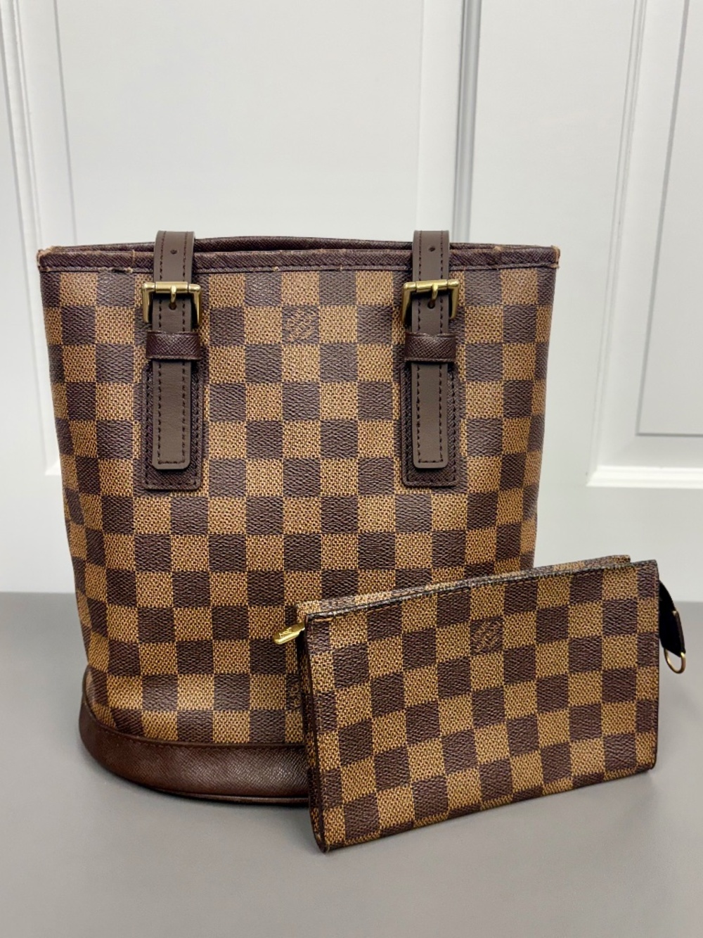 Louis Vuitton Damier Ebene Bucket Bag PM with Pouch